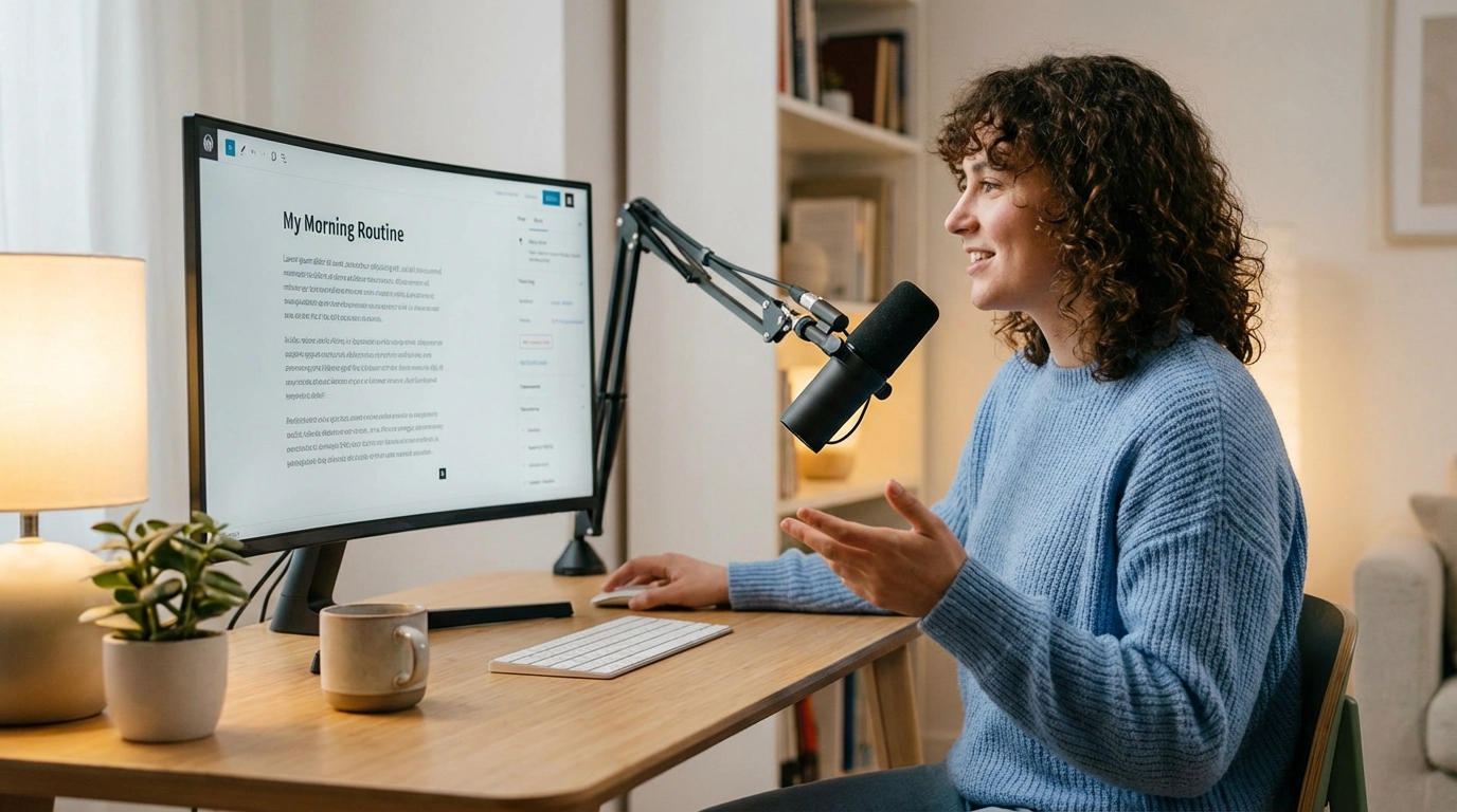 Content creator dictating a blog post with voice-to-text AI tool