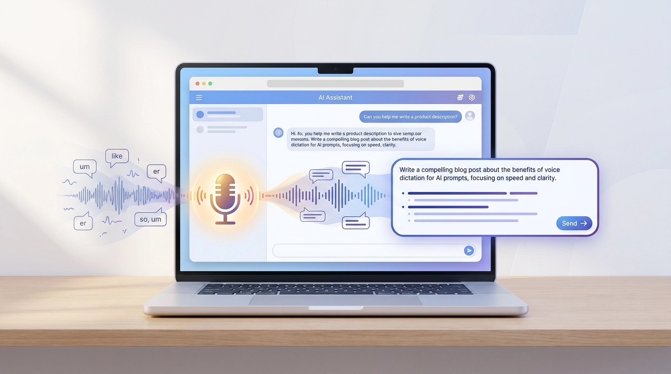 A spoken prompt being dictated into the ChatGPT and Claude web apps in a browser, with filler words removed and the text cleaned up before it lands in the message box