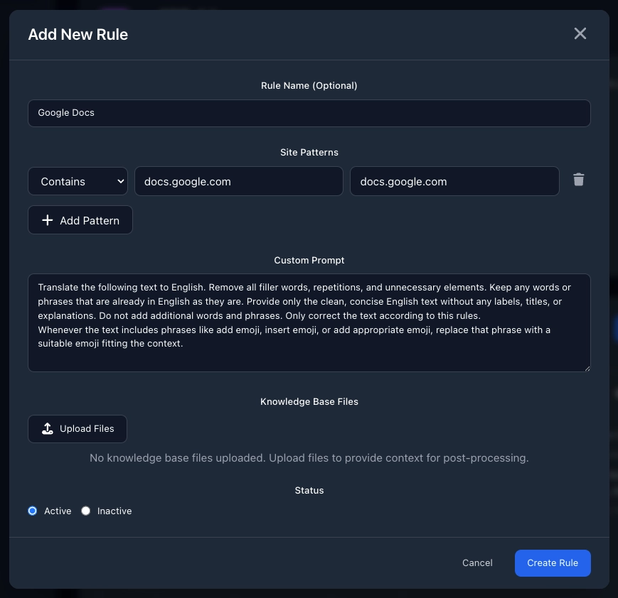How to create custom rule in VoxWrite for Goggle Docs