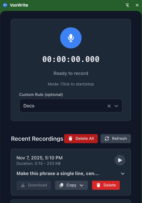 VoxWrite voice typing in Goggle Docs through side panel
