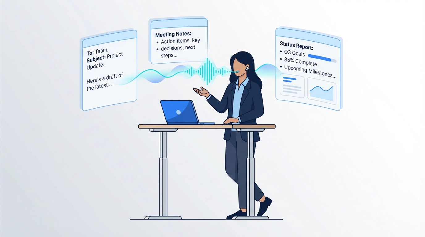 Professional using hands-free voice typing to dictate emails and notes while multitasking at their desk