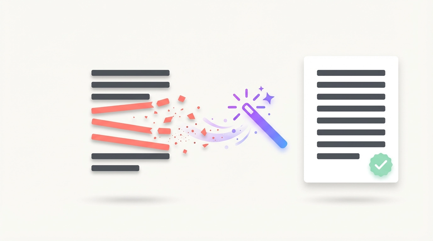 Text transcript being cleaned up with filler words highlighted and removed by AI