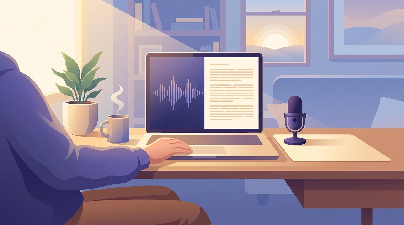 A person speaking into a microphone while a clean, formatted journal entry appears on screen in the browser