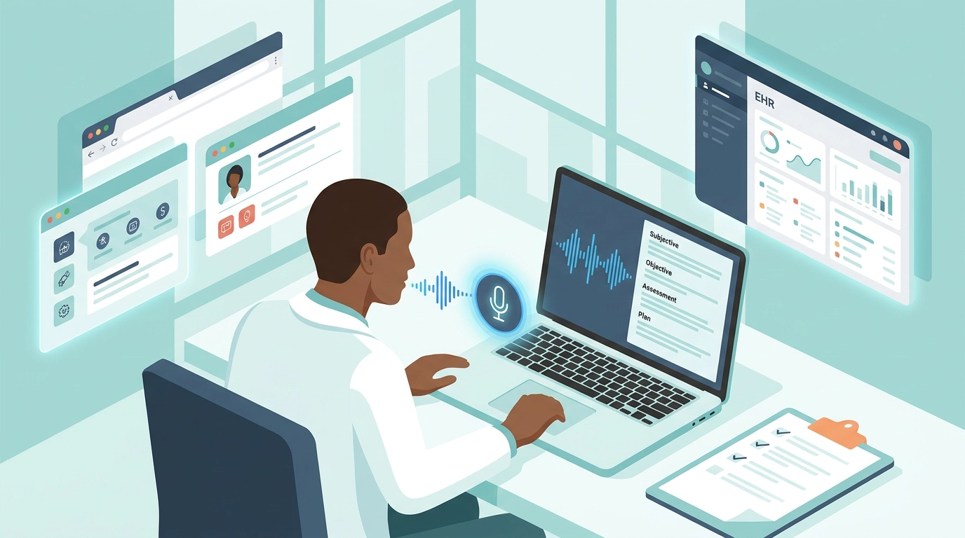 Physician dictating a clinical note into a browser and seeing a structured SOAP note appear in the EHR