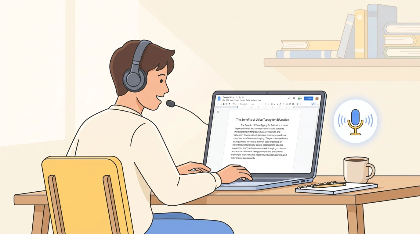 A student dictating an essay into Google Docs on a Chromebook with the VoxWrite Chrome extension producing clean, punctuated paragraphs