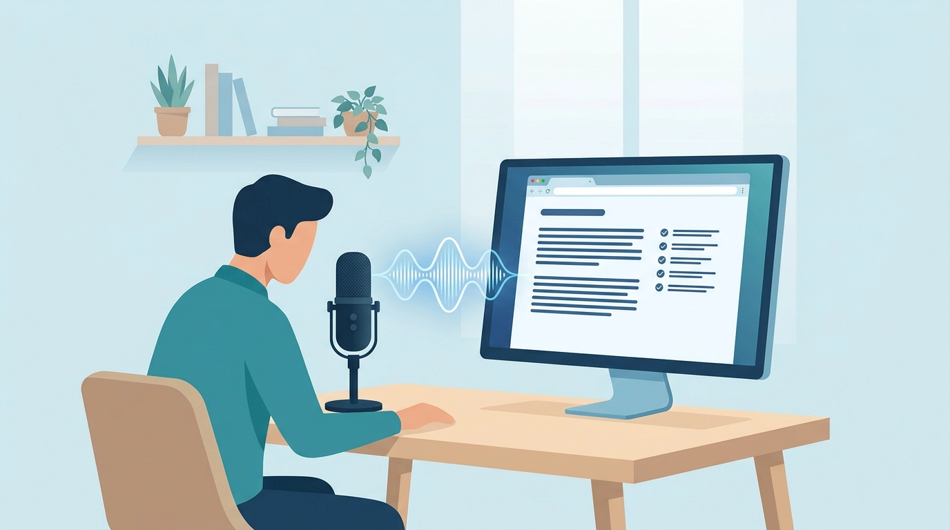 A person dictating at a desk with a USB microphone while clean, formatted text appears in a browser window