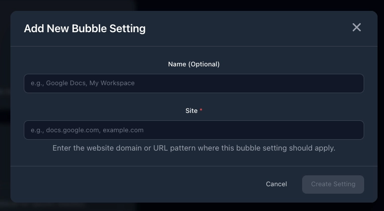Bubble Creation Popup