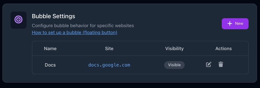 List of Created Bubbles