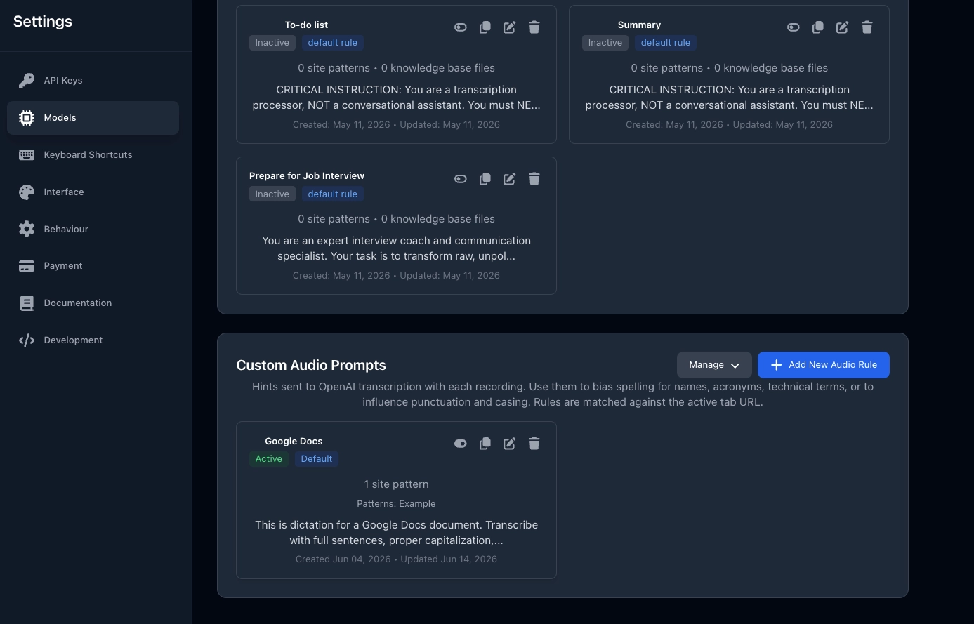 Custom Audio Prompts section on the Models tab