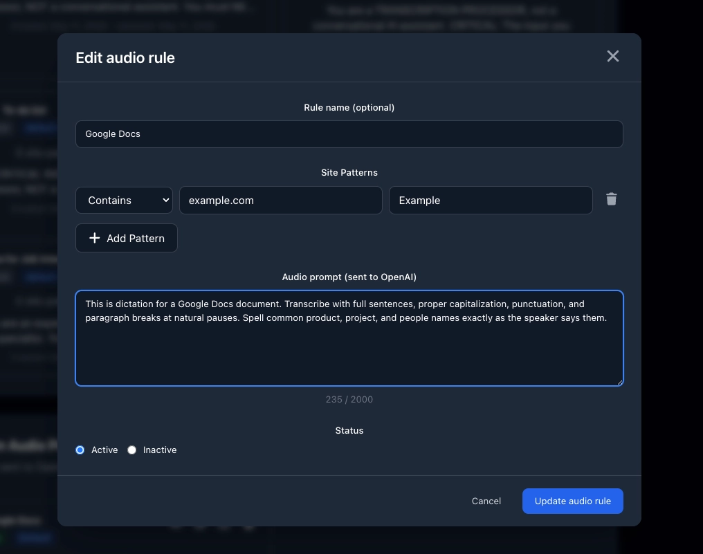 Add New Audio Rule form