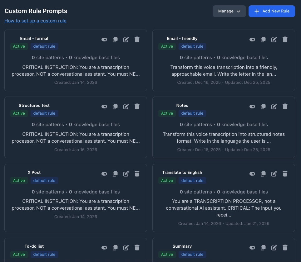 Default custom rules in VoxWrite