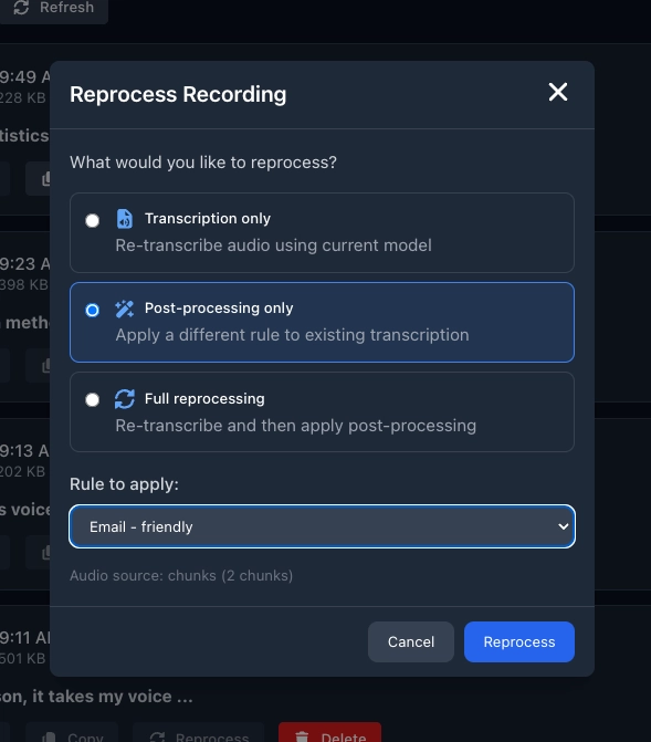 Reprocess recording options