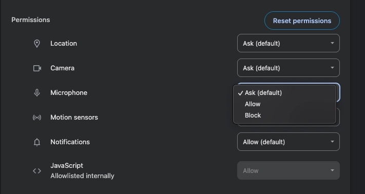 Browser settings page