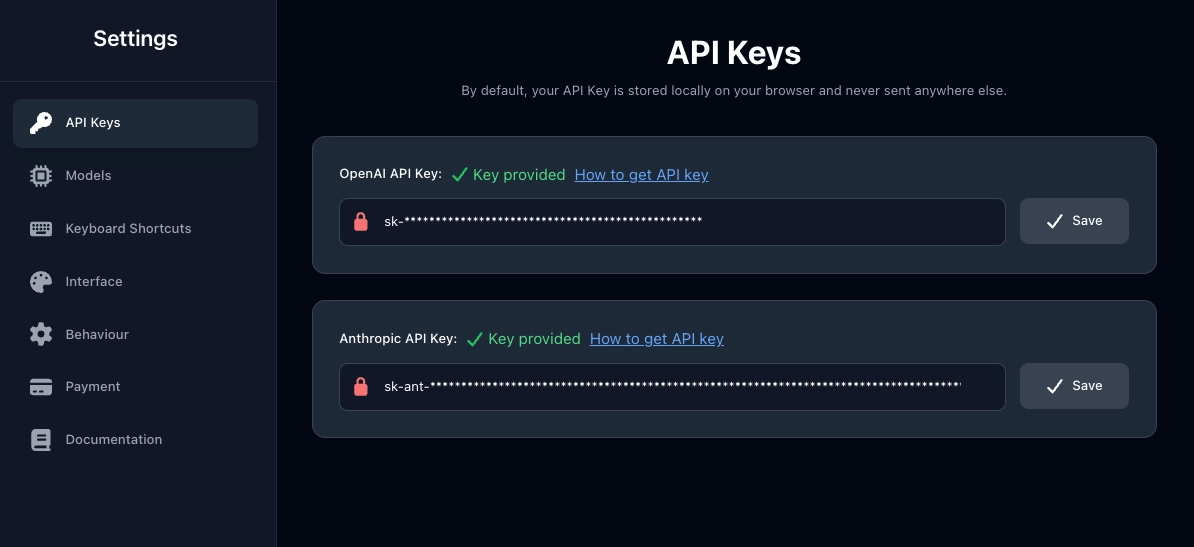 API Keys section